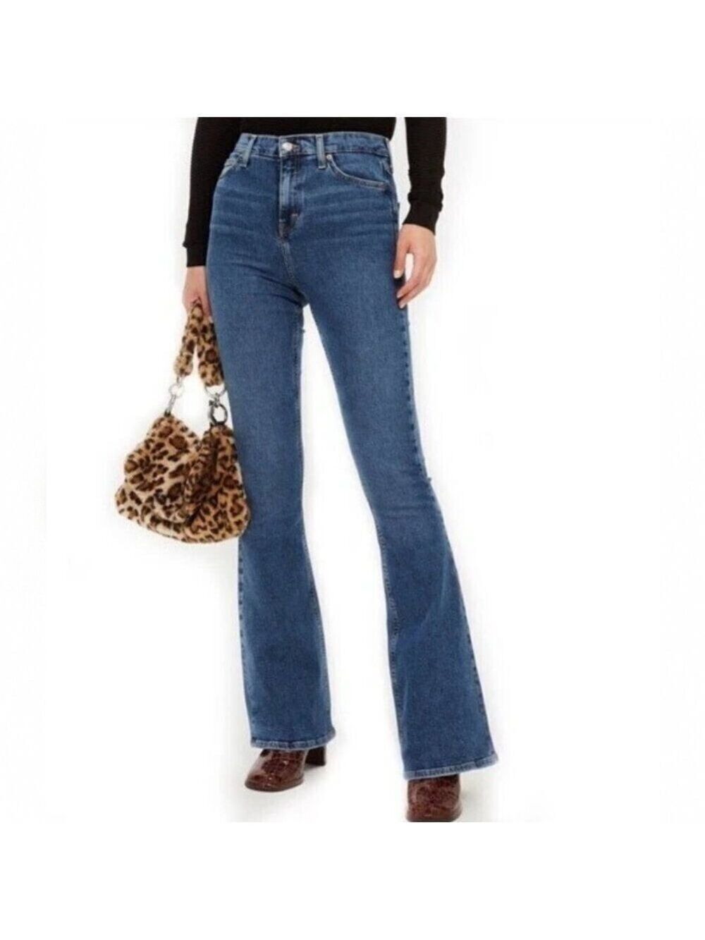 Topshop Moto Jamie Flare Blue Denim Stretch Jeans Women's Size W28 Actual W26